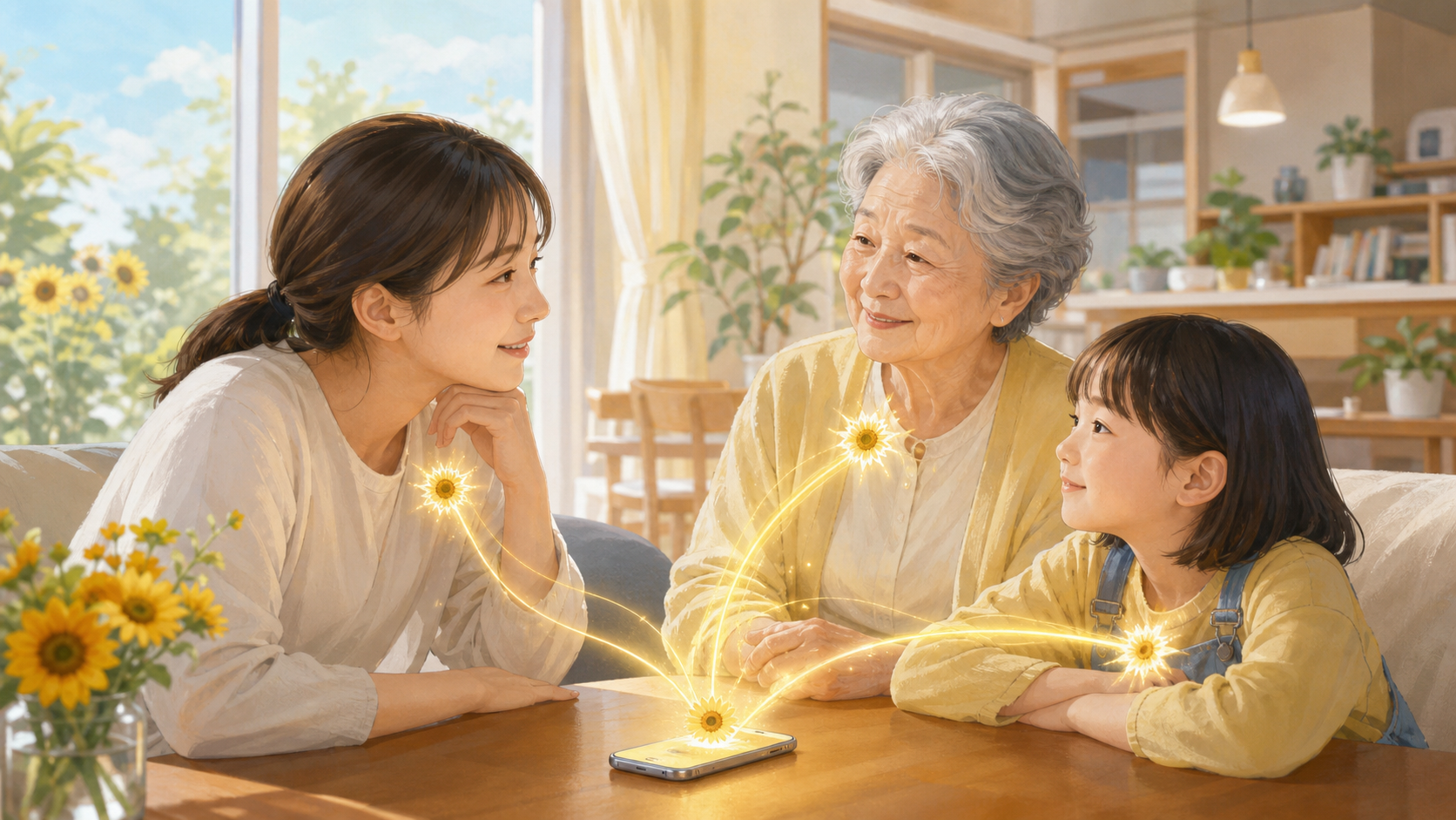 子ども、高齢者、支援者を向日葵の光がつなぐ、おまもり向日葵の未来イメージ